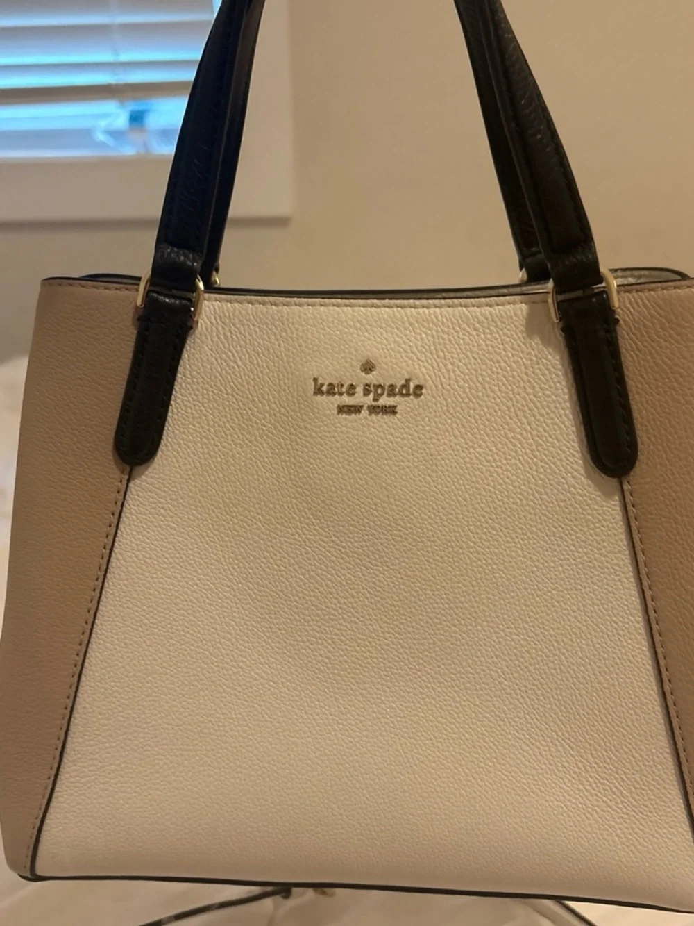kate spade Cream & Blush Pebbled Leather Satchel with Black Handles